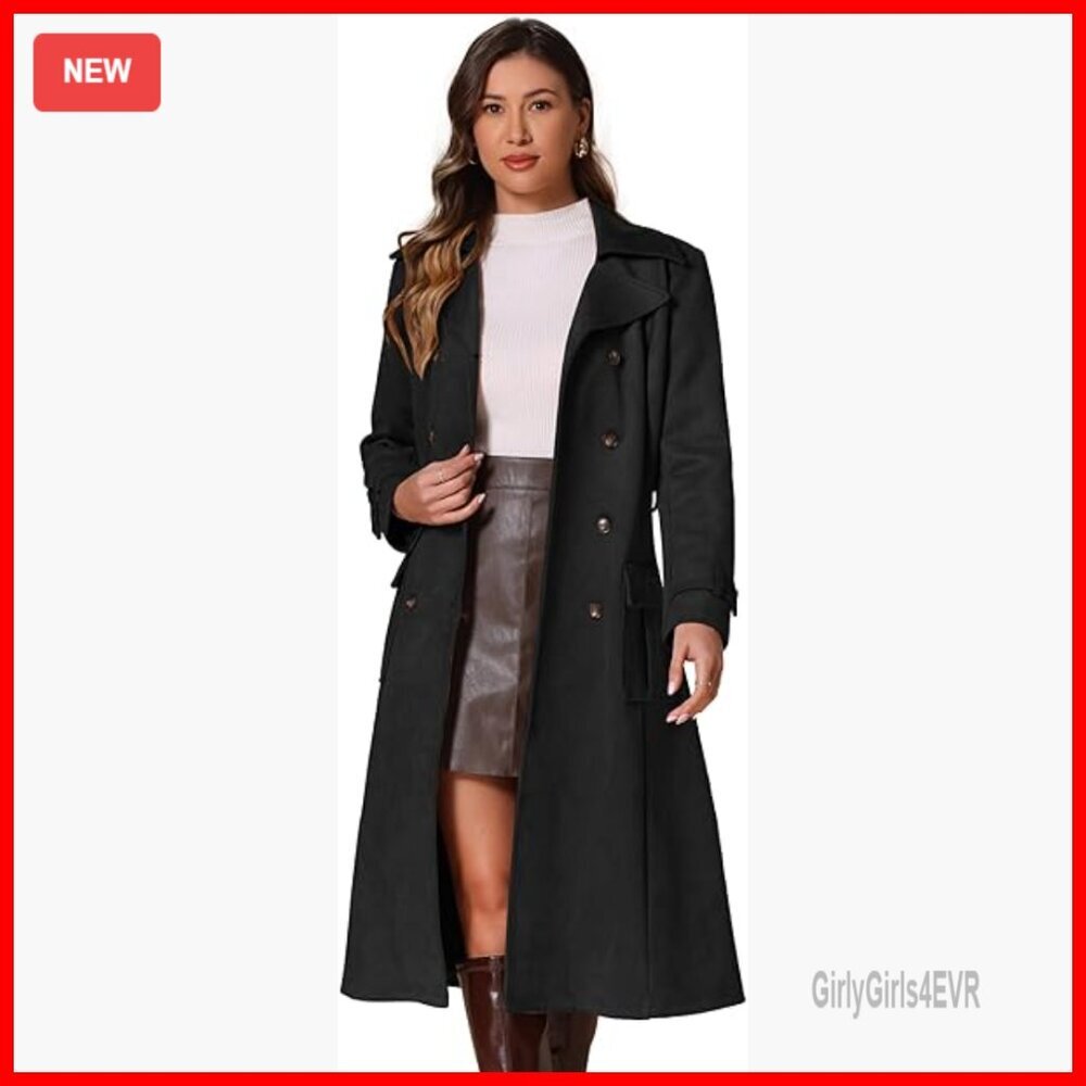 Long Faux Suede Trench Coat Double Breasted Belted Pea Coat Women's Overcoat